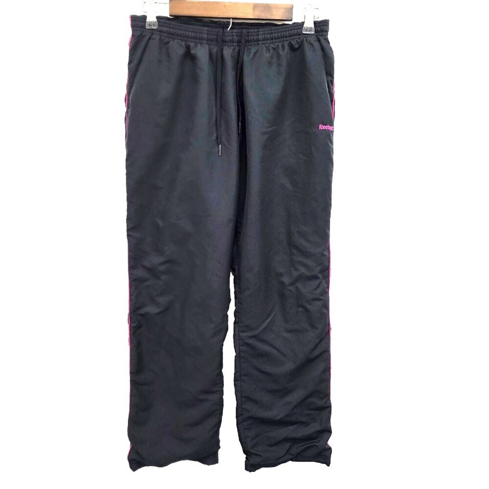 Reebok Womens Black Pink Stripe Athletic Track Pants Size Small Drawstring Waist